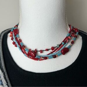 Y2K Boho Beachcore Beaded Collar Necklace Turquoise Deep Red Layered Strands 🌊♥️